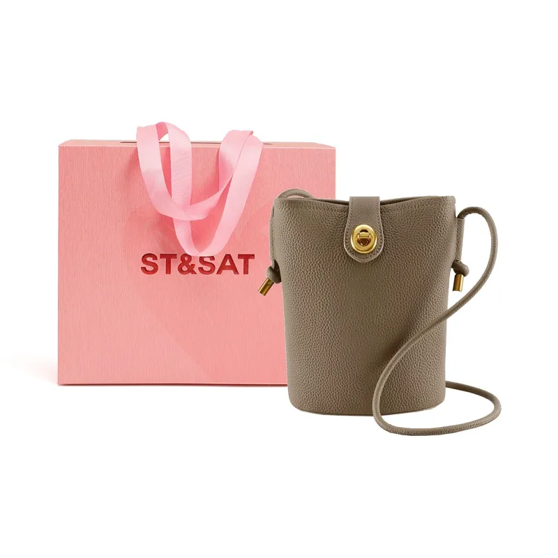 ST&SAT Cow Leather Bucket Bag With Cell Phone Pouch Crossbody Bag Shoulder Bag Regular Women's Khaki/Apricot/Ecru/Black-6