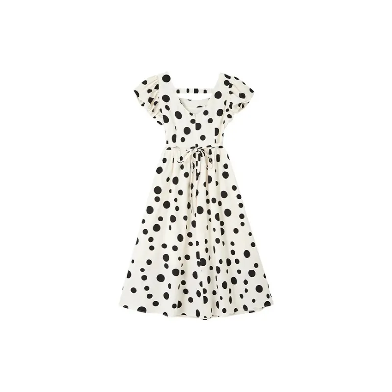 HDFULERN Short Sleeved Dresses Women's Beige Polka Dot-1