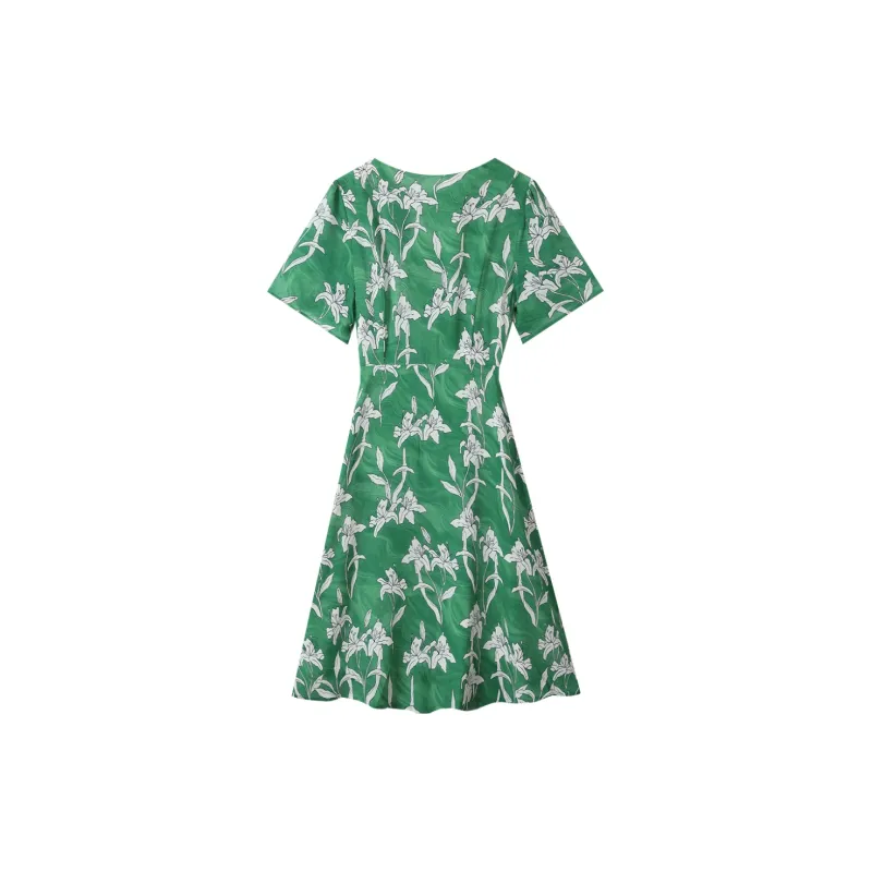H YXIANG Short Sleeved Dresses Women's Green Wave Lily-1