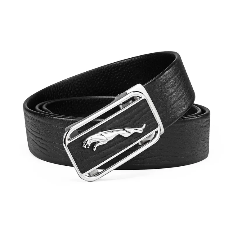 JAGUAR Cut Out Automatic Buckle Design Cow Leather Leather Belts Men's Black Width 3.4cm-1