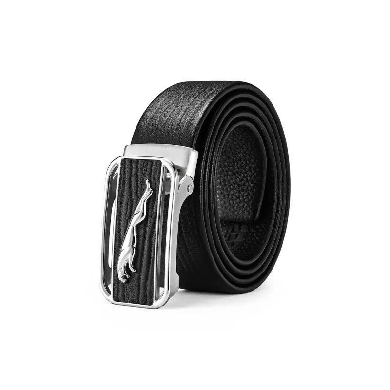 JAGUAR Cut Out Automatic Buckle Design Cow Leather Leather Belts Men's Black Width 3.4cm-2