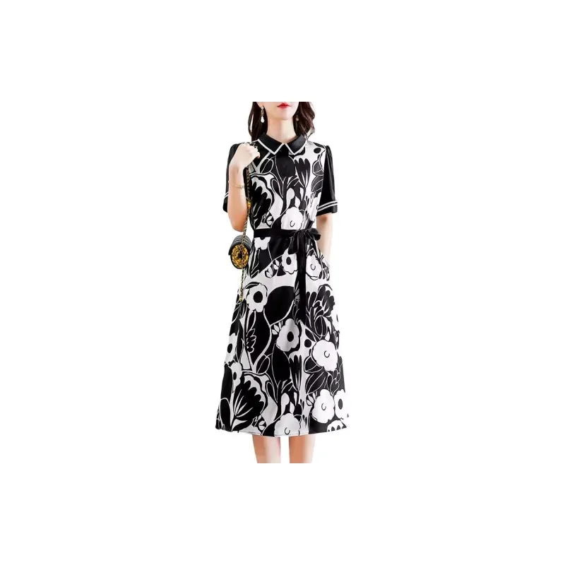 Yi Mengyuan Lace Up Silk Short Sleeved Dress Women's-5