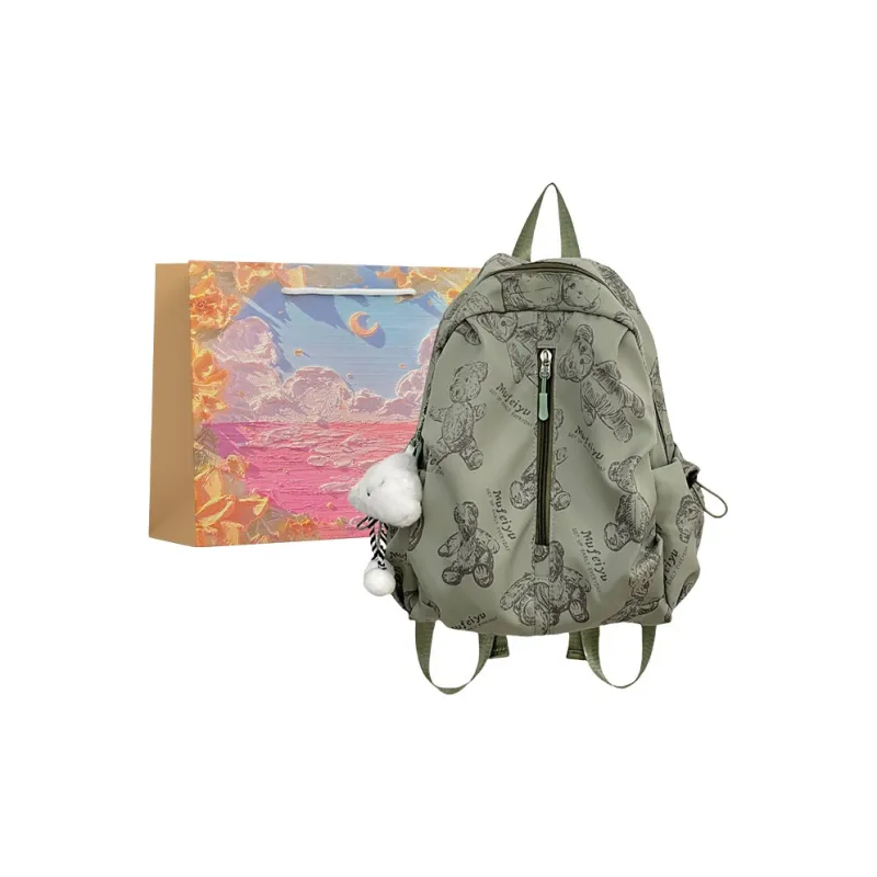 BRINCH Nylon Backpack Women's Gray/White/Green/Black-6