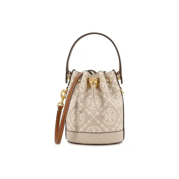 TORY BURCH T Monogram Leather Bucket Bag, Shoulder Bag, Crossbody Bag, Handbag Mini Women's Cream White & Khaki