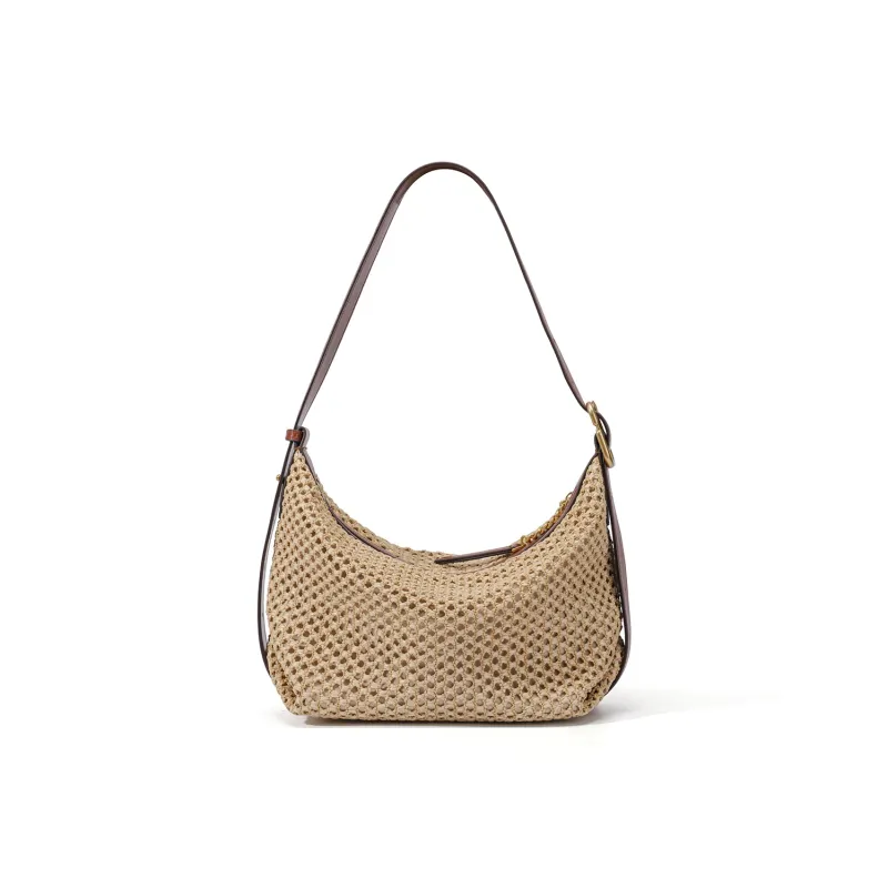 SHEPOK Raffia Patchwork Tanned Cow Leather Portable One Shoulder Crossbody Bag Regular Women's Natural-3