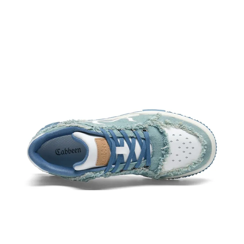 Cabbeen Luxury Streetwear Denim Embossing Height Increasing Breathable Low Top Skateboard Shoes Men's Blue-1