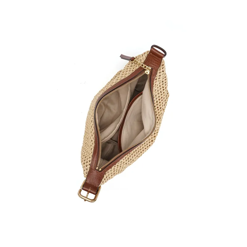 SHEPOK Raffia Patchwork Tanned Cow Leather Portable One Shoulder Crossbody Bag Regular Women's Natural-5