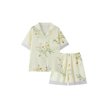 CAIHENGTONG Pajama Set Women's Apricot Lace Trim
