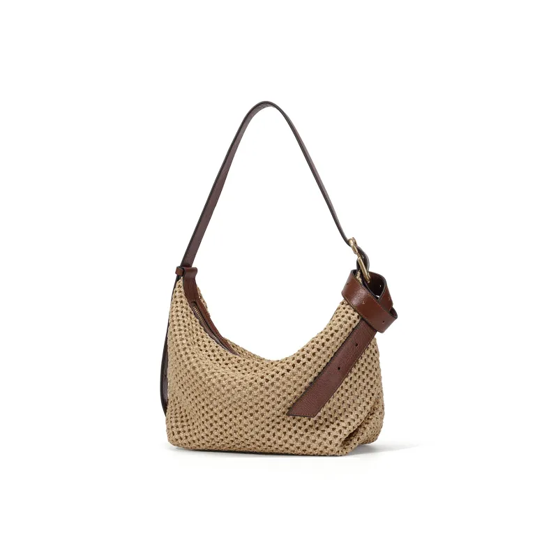 SHEPOK Raffia Patchwork Tanned Cow Leather Portable One Shoulder Crossbody Bag Regular Women's Natural-2