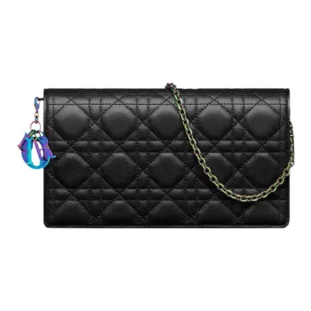 DIOR Sheepskin Wicker Pattern Zip Closure With Card Slot Zipper Pocket Clutch Women's Black