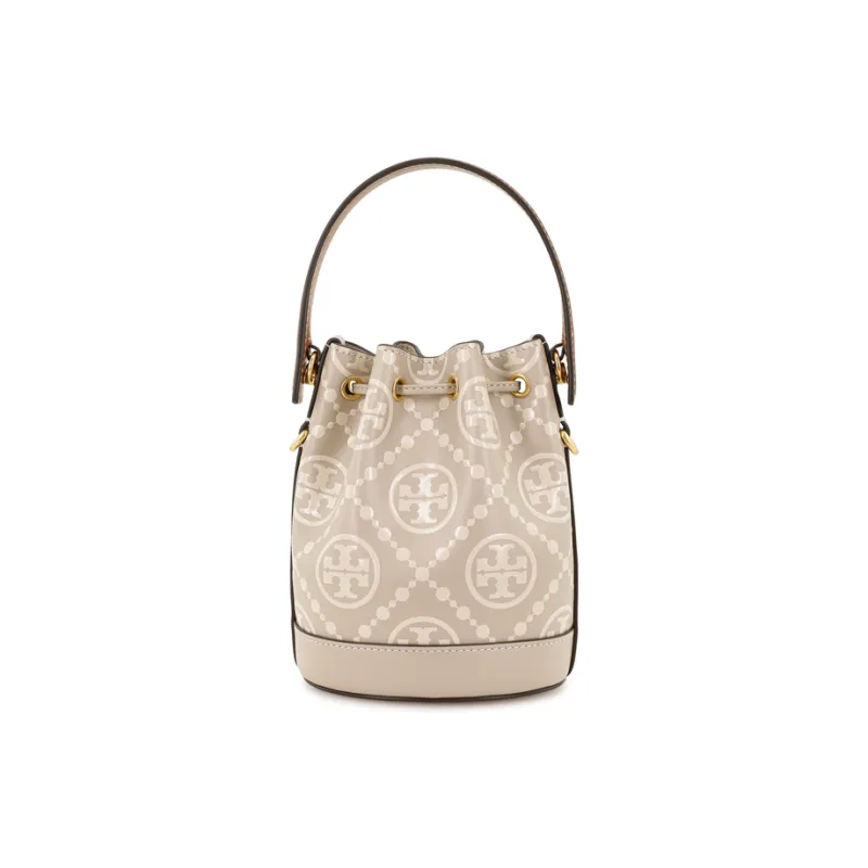 TORY BURCH T Monogram Leather Bucket Bag, Shoulder Bag, Crossbody Bag, Handbag Mini Women's Cream White & Khaki-2