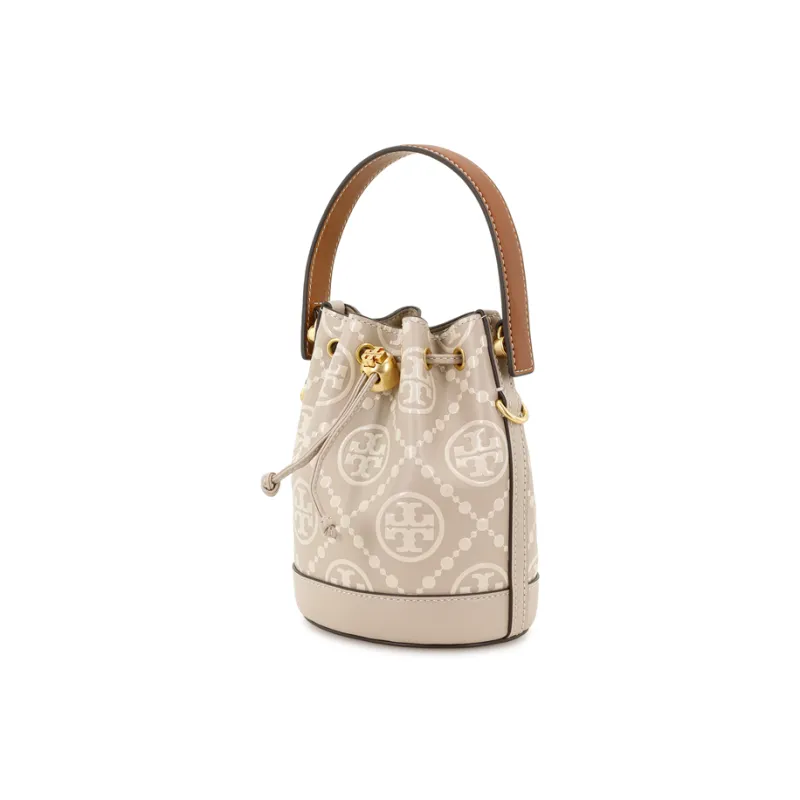 TORY BURCH T Monogram Leather Bucket Bag, Shoulder Bag, Crossbody Bag, Handbag Mini Women's Cream White & Khaki-1