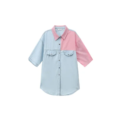 ABCMININ Shirts Women's Denim Blue With Patchwork Pink