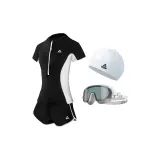 Black Swimsuit+White Gray Swim Goggles+White Swimming Cap
