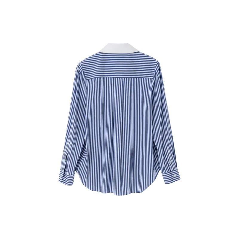 SOON FLOWER Shirt Women's Blue White Stripes-1