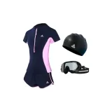 Blue Swimsuit+Black Swim Goggles+Black Swimming Cap