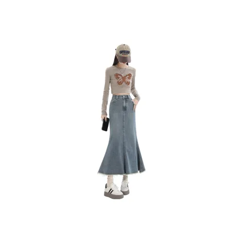 Rose Denim Long Skirts Women's Vintage Blue