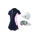 Blue Swimsuit+White & Gray Swim Goggles+White Swimming Cap