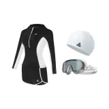Black Swimsuit+White Gray Swim Goggles+White Swimming Cap