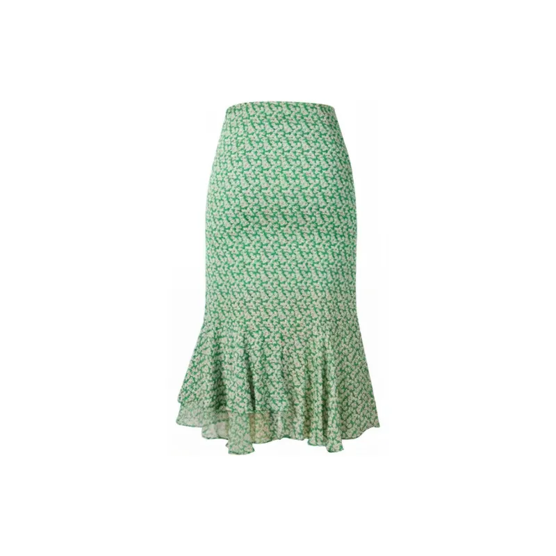 ZRAU Casual Long Skirts Women's Green Floral-1