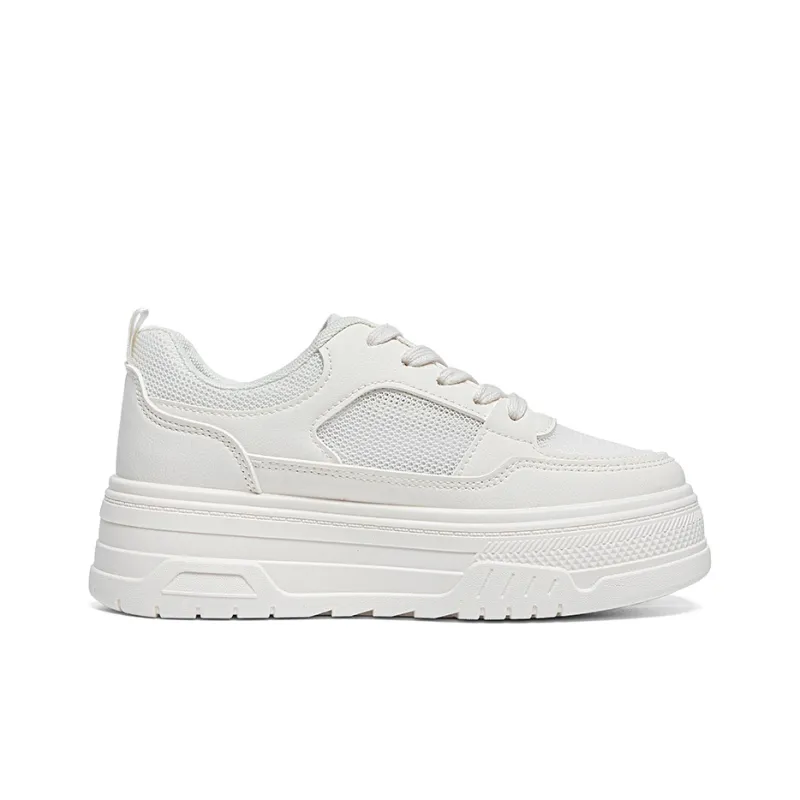 Warrior Student Platform White Sneakers Lightweight And Breathable Low Top Skateboard Shoes Women's Beige-1