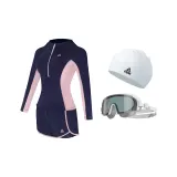 Blue Swimsuit+White & Gray Swim Goggles+White Swimming Cap