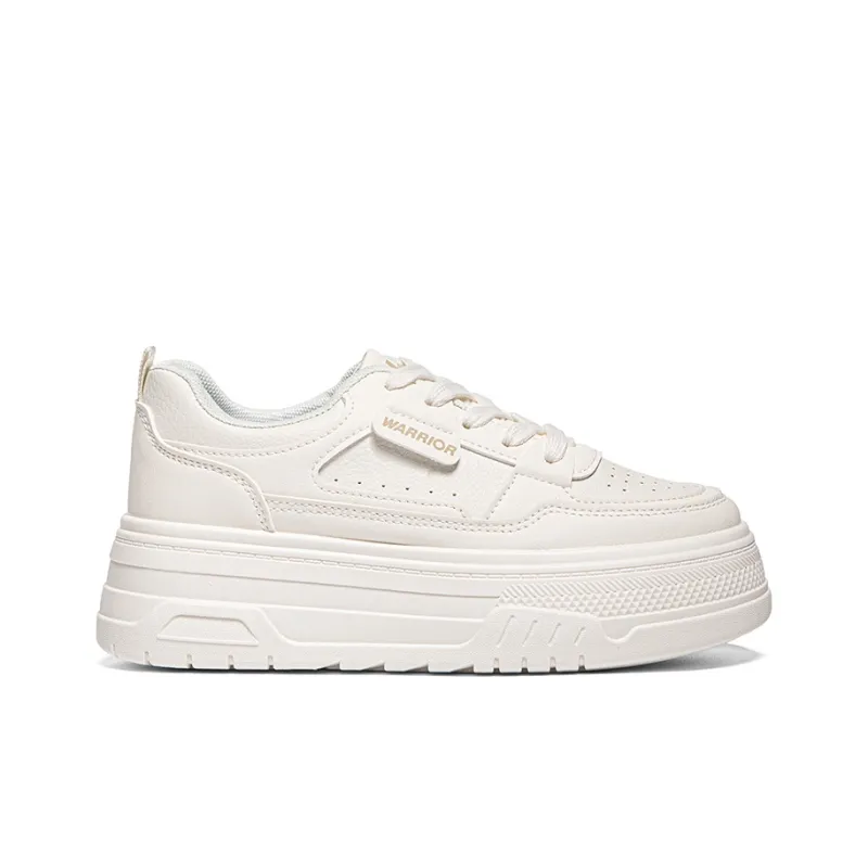 Warrior Student Platform White Sneakers Height Increasing Lightweight Breathable Low Top Skateboard Shoes Women's Beige-1
