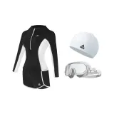 Black Swimsuit+White Swim Goggles+White Swimming Cap