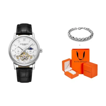 Katie Ermilio Wrist Watch Automatic Mechanical Movement Genuine Leather Strap White Dial Men's Watches