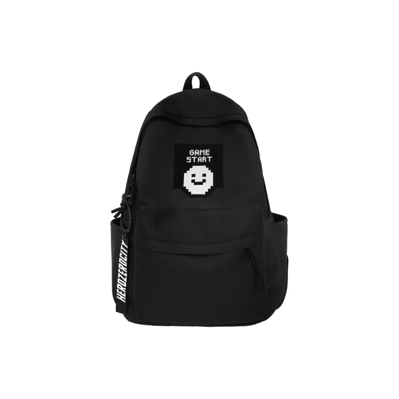 KAKAXI Nylon Backpack Unisex Black Solid Color/Black Letter/Black Smiley Face-3