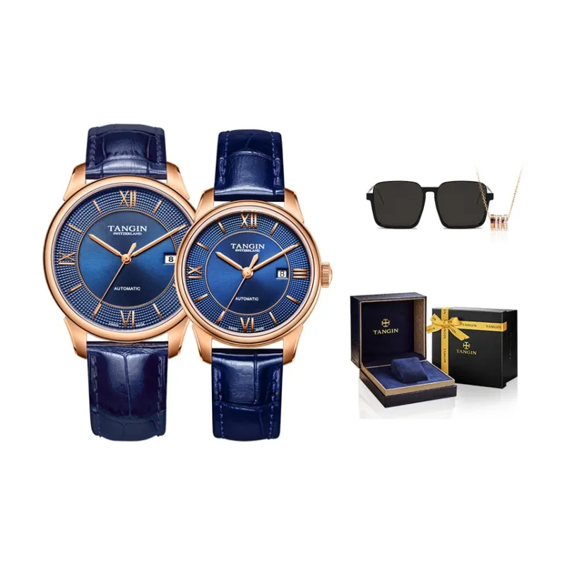 TANGIN Segru Series Automatic Mechanical Movement Unisex Watch 39mm 39 Blue Dial Genuine Leather Strap-0