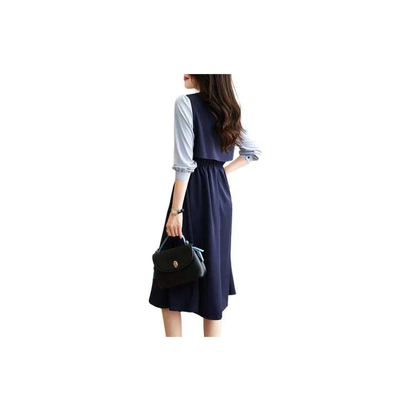 Mo Han Yi Mei Long Sleeved Dress Women's Navy Blue & Blue-1