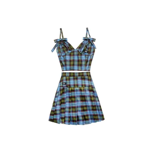 Sagidolls Two Piece Skirt Sets Women's Blue/Green Plaid