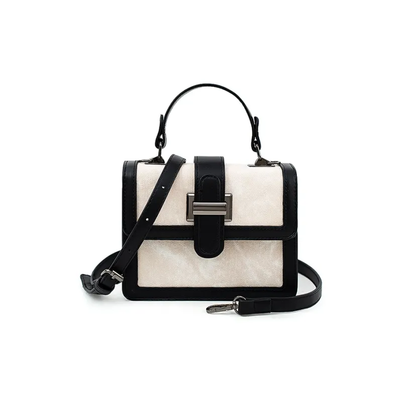 Vigno Synthetic Leather Small Square Bag, Shoulder Bag, Crossbody Bag, Handbag Women's Ecru/Black-1