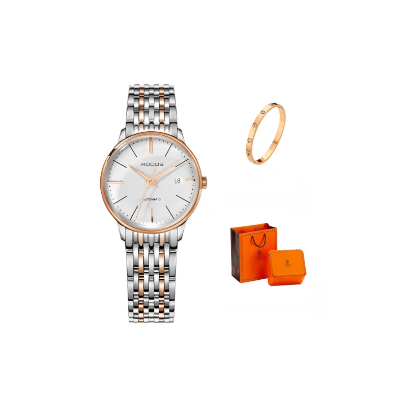 ROCOS Wind Style Collection Automatic Mechanical Movement Steel Strap Watch Women's Watch White Dial-0