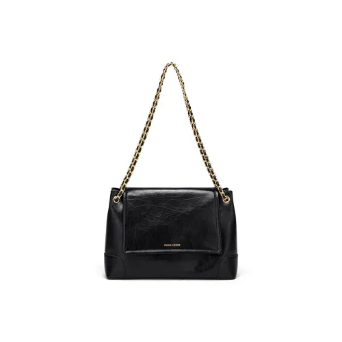 CNOLES Cow Leather Crossbody Bag, Shoulder Bag Regular Extra Large Women's Mysterious Black/Cream White
