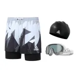 Black and White Swim Trunks+White and Gray Swim Goggles+Swimming Cap