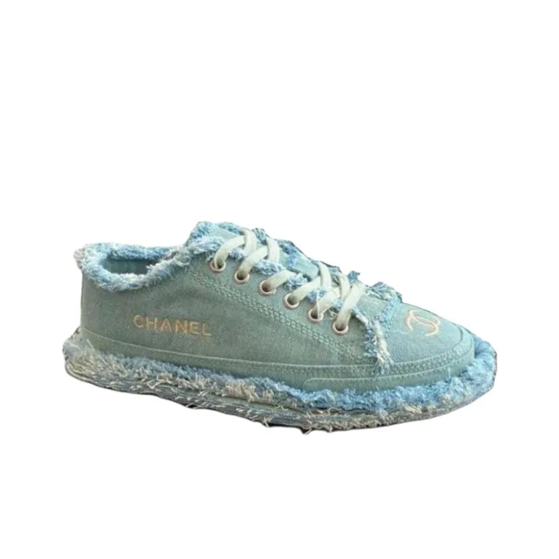 CHANEL Low Top Canvas Shoes Women's Green-1
