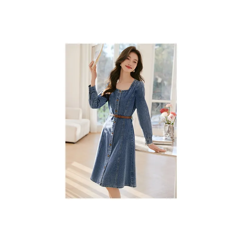 Mo Han Yi Mei Long Sleeved Dress Women's Denim Blue-3