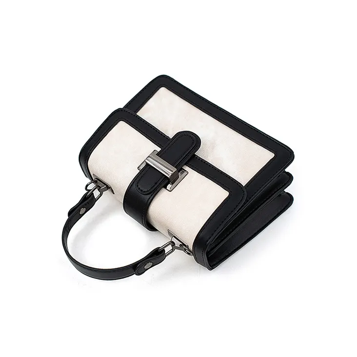 Vigno Synthetic Leather Small Square Bag, Shoulder Bag, Crossbody Bag, Handbag Women's Ecru/Black-3