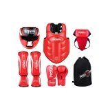 Red, Head Guard+Chest Protection+Leg Protection+Groin Protector+Boxing Gloves+Protective Gear Set