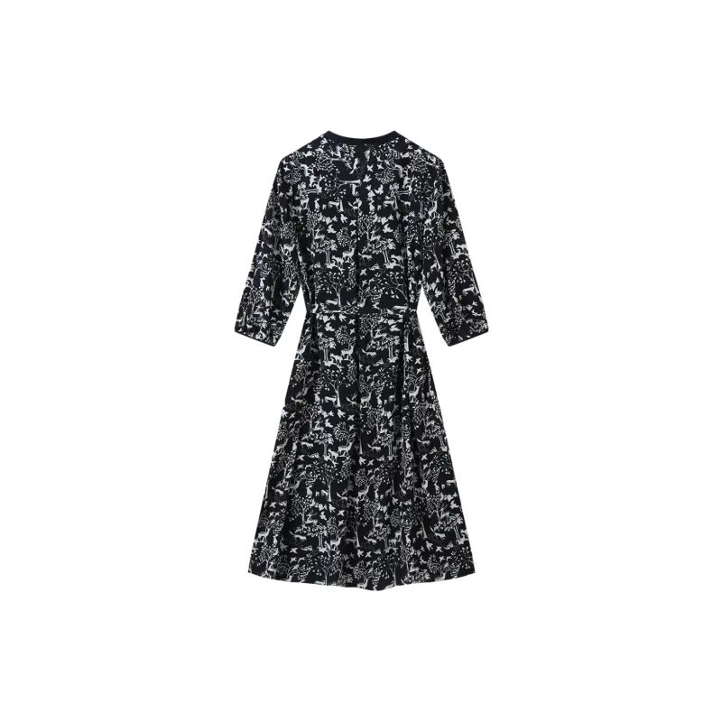 H-YXIANG Long-Sleeved Dresses Women's Blue Background Print-1