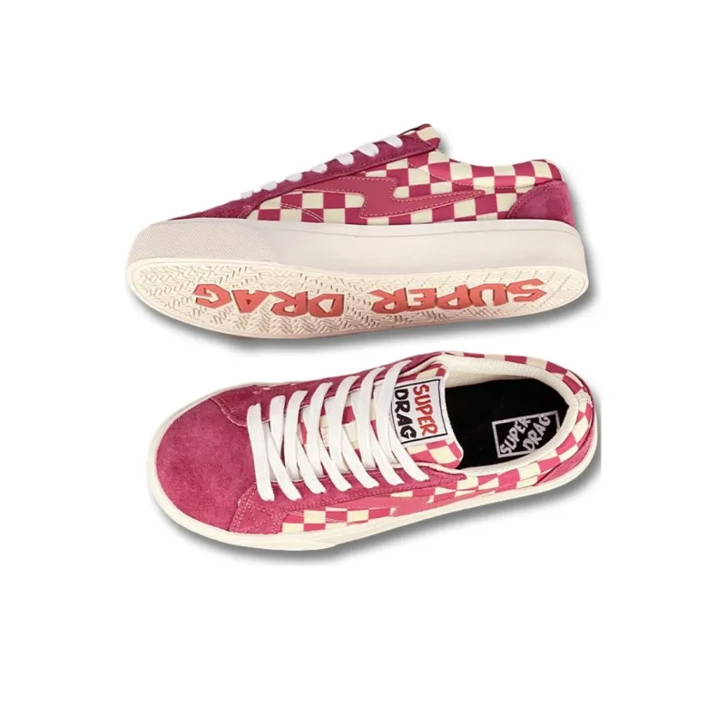 LuzaoT SUPER DRAG Checkerboard Anti Slip Wear Resistant Low Top Skateboard Shoes Women's Pink White-3