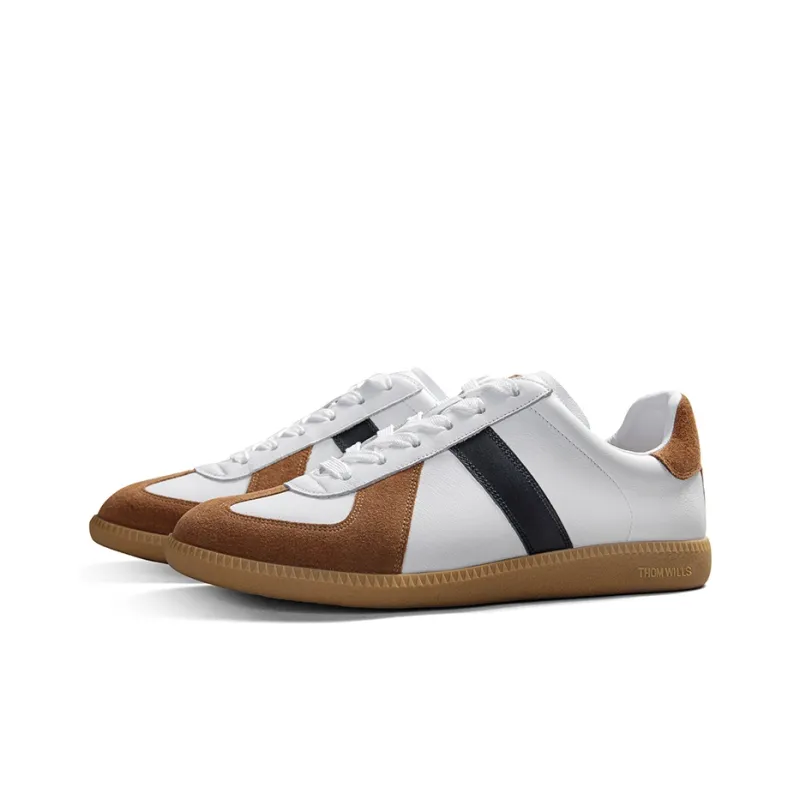 THOM WILLS Vintage Trendy Versatile German Army Trainers Low Top Skateboard Shoes Men's Light Brown White-1
