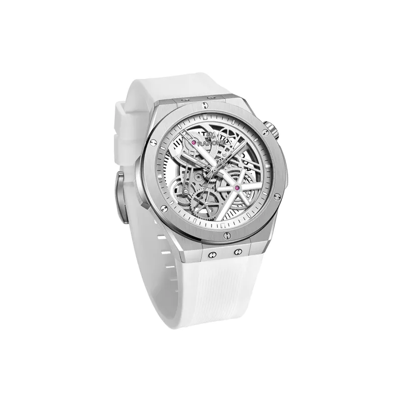 RARONE Gemini Little Twin Stars X Pure White Mechanical Movement Silicone Strap Watch Men's Watches Cut Out Dial-4