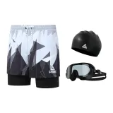 Black and White Swim Trunks+Black Swim Goggles+Swimming Cap