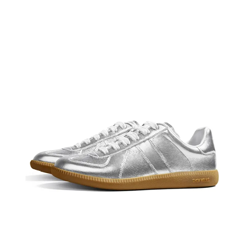 THOM WILLS Classic Vintage German Army Trainers Low Top Skateboard Shoes Unisex Silver-1