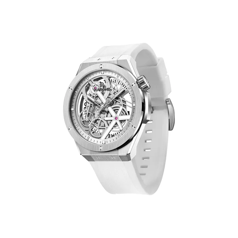 RARONE Gemini Little Twin Stars X Pure White Mechanical Movement Silicone Strap Watch Men's Watches Cut Out Dial-1