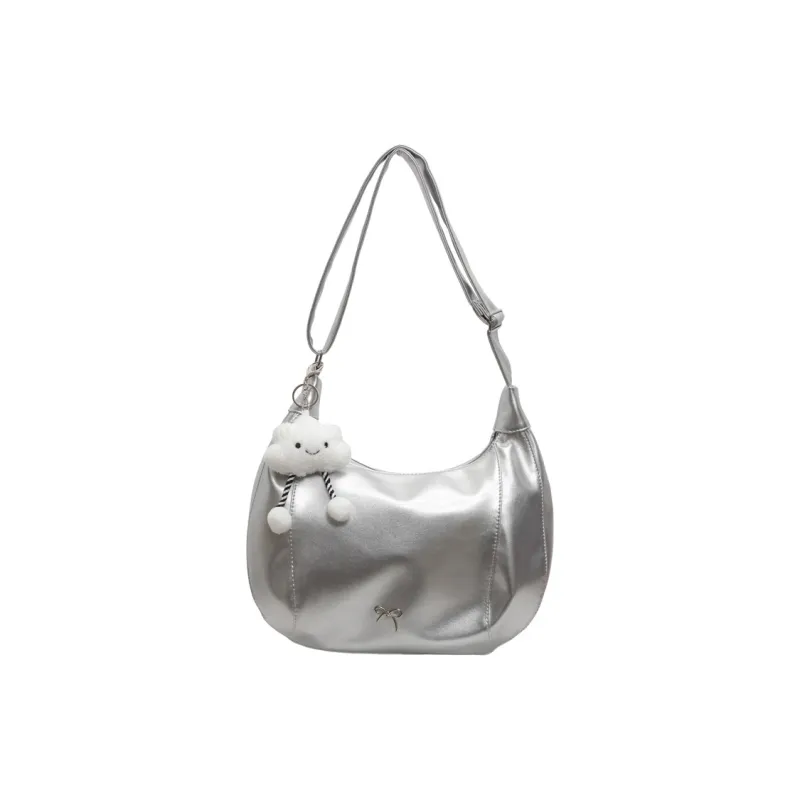NATTY PU Shoulder Bag Large Size Women's Ecru/Silver/Black/Green-7