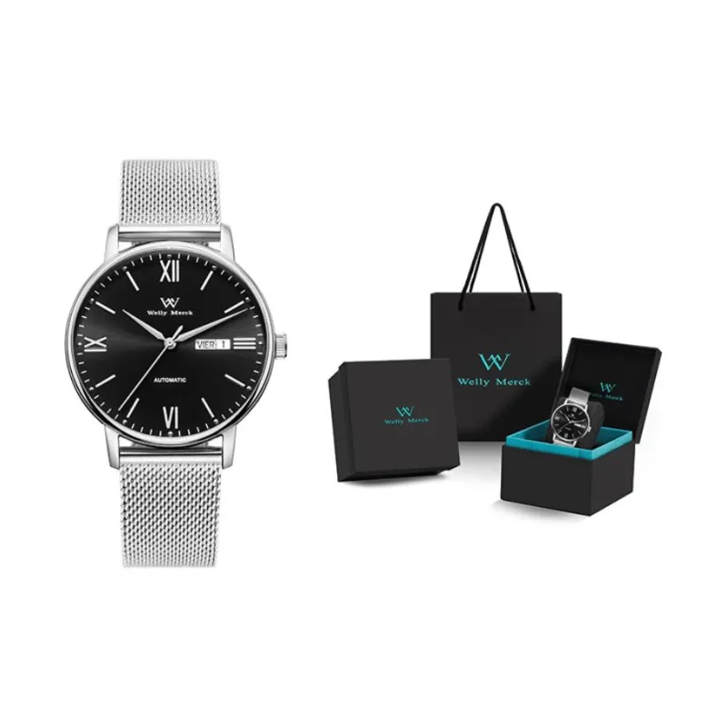 Welly Merck Mechanical Movement Stainless Steel Strap Watch Men's Watches Black Dial-6